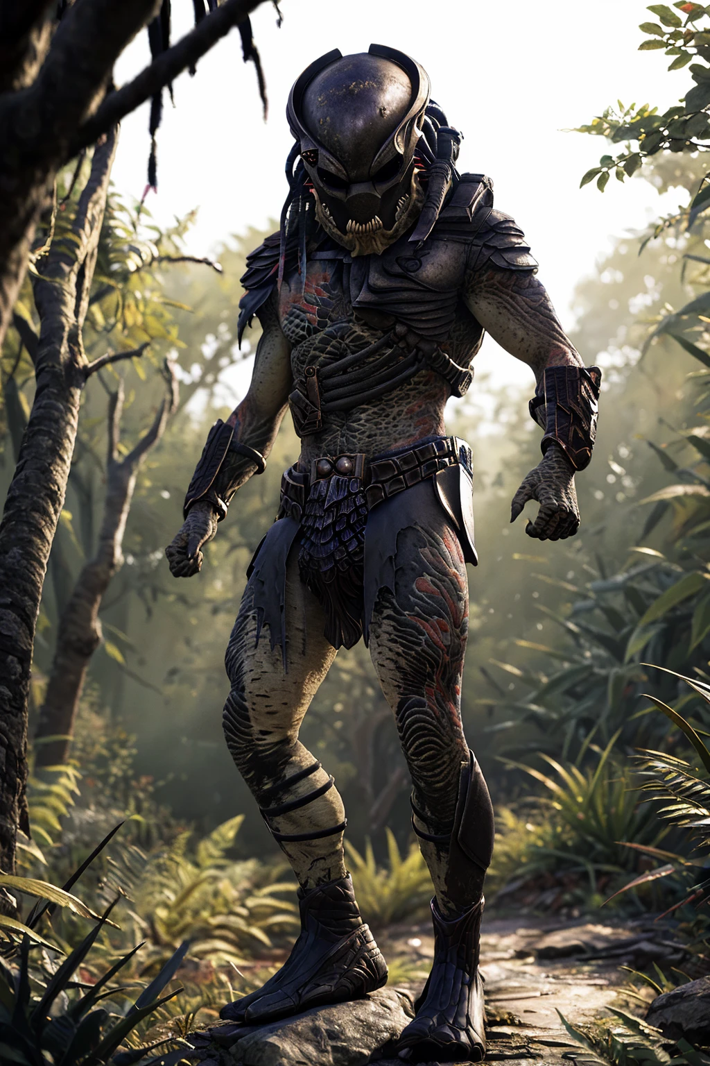 masterpiece, best quality, detailed background,jungle,bush,tree,sunlight, 
MrBlack,male,solo,mask,full body,standing,looking at viewer,armor,clenched hand,fist   <lora:MrBlackPredatorv2:1>