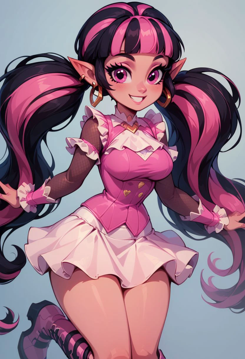 score_9, score_8_up, score_8, medium breasts, (curvy), cute, eyelashes, 
draculaura, solo, twintails, multiclored hair, pink hair, black hair, pink eyes, pointy ears, 
earrings, fishnet sleeves, frilled sleeves, long sleeves, blunt bangs, monster high, pink vest, white skirt, pink knee boots, smile, 
cowboy shot,