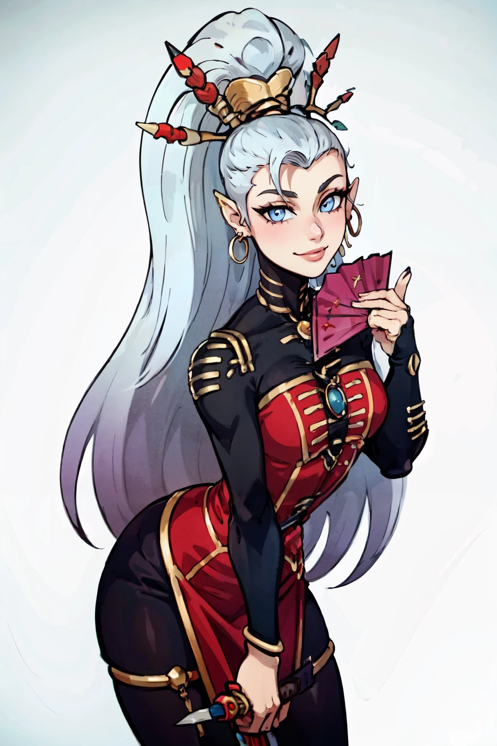 ((masterpiece,best quality)), absurdres, <lora:Yvraine_Warhammer_40K_v1:0.7>, yvraine, long hair, simple background, white background, holding, jewelry, very long hair, ponytail, weapon, white hair, earrings, sword, hand fan, solo, smiling, looking at viewer, cowboy shot, leaning forward,