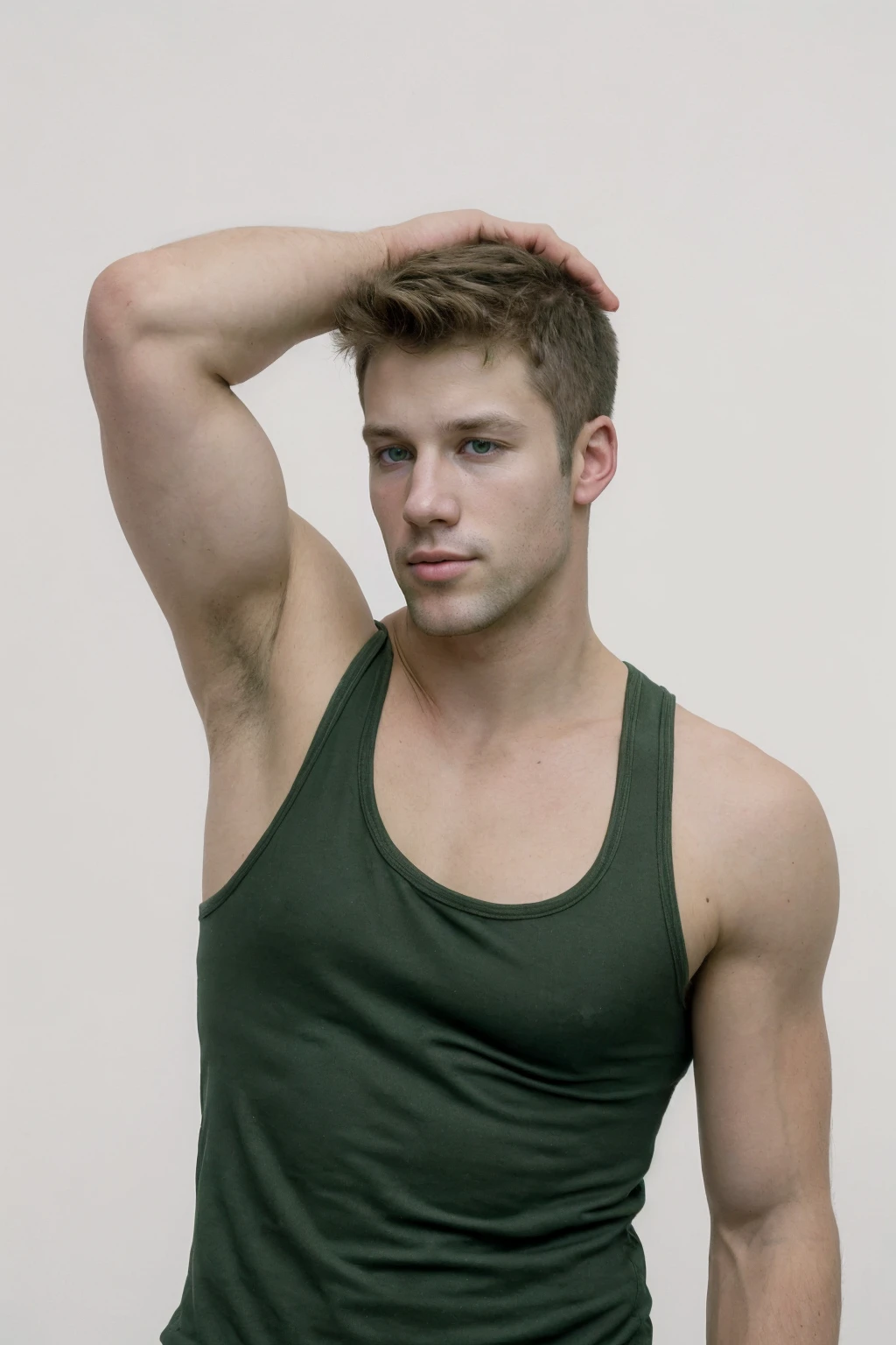 photo of philperson <lora:phil_epoch_5:0.8>, white background, wearing (green) tanktop