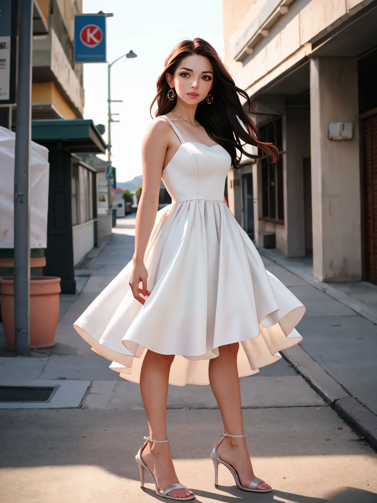 A beautiful kr1st1nk woman, 1girl,solo,long hair,brown hair,dress,jewelry,shoes,white dress,high heels,lips,sandals,realistic,soft lighting, professional Photography, Photorealistic, detailed, RAW, analog, sharp focus, 8k, HD, high quality, masterpiece<lora:kr1st1nk:1.0>