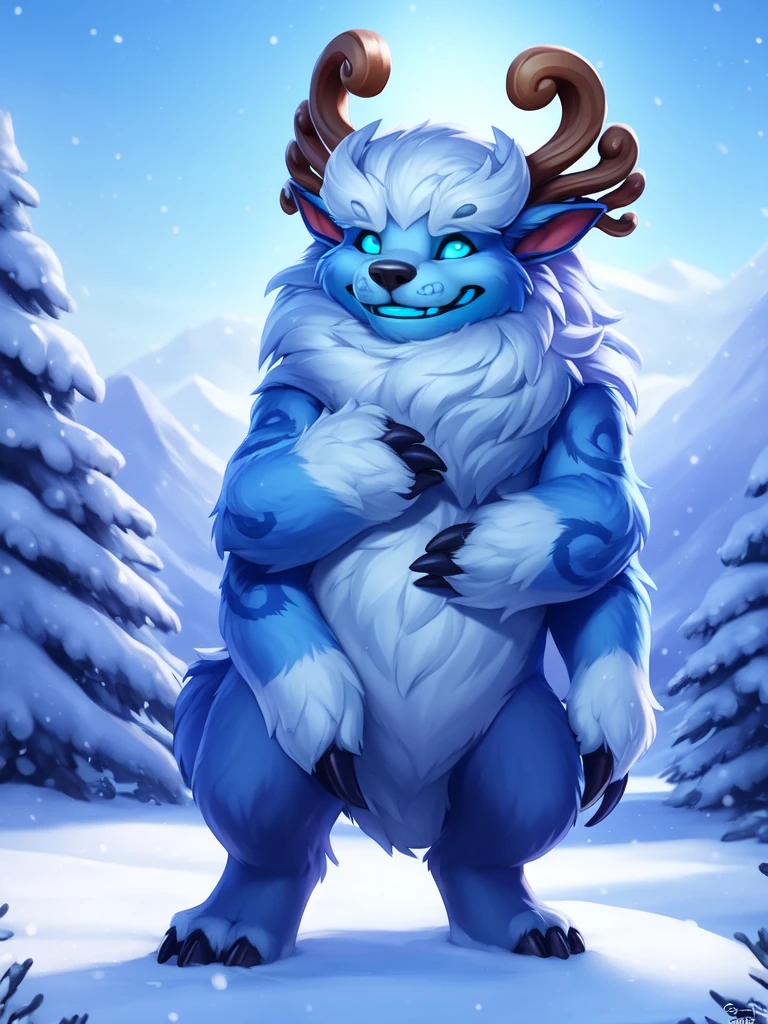 <lora:WillumpGameNunuSongYif:1>   WillumpGameNunuSong, blue glowing eyes, (blue teeth), horns, (four arms), tail, bed blue fur, fur patterns, black claws, pointed ears, grin,
solo,   looking at viewer,  Standing,  , to his full height,
(beautiful, aesthetic, perfect, delicate, intricate, masterpiece, )  textured fur, [Winter, snow, nature, mountains and sky with clouds, snow mountains, clear day, pine forest,]
[by personalami], by smitty g, [[[by Foxovh]]], [[by Ross Tran]]