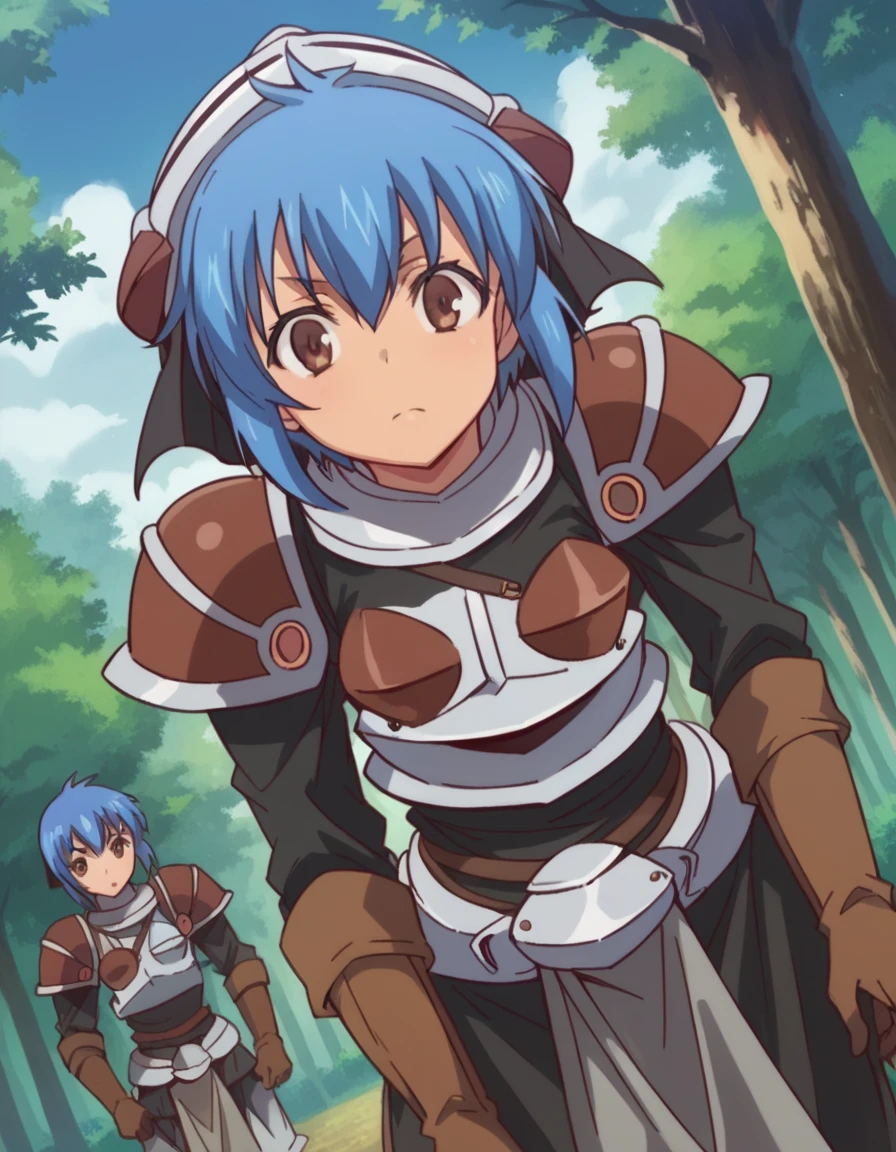 score_9, score_8_up, score_7_up, source_anime,
menadshisei, <lora:menad-shisei-ponyxl-lora-nochekaiser:1>
menad shisei, short hair, brown eyes, blue hair,
gloves, armor, shoulder armor, brown gloves, pauldrons, breastplate,
outdoors, forest, bent over,
looking at viewer, dutch angle, cowboy shot