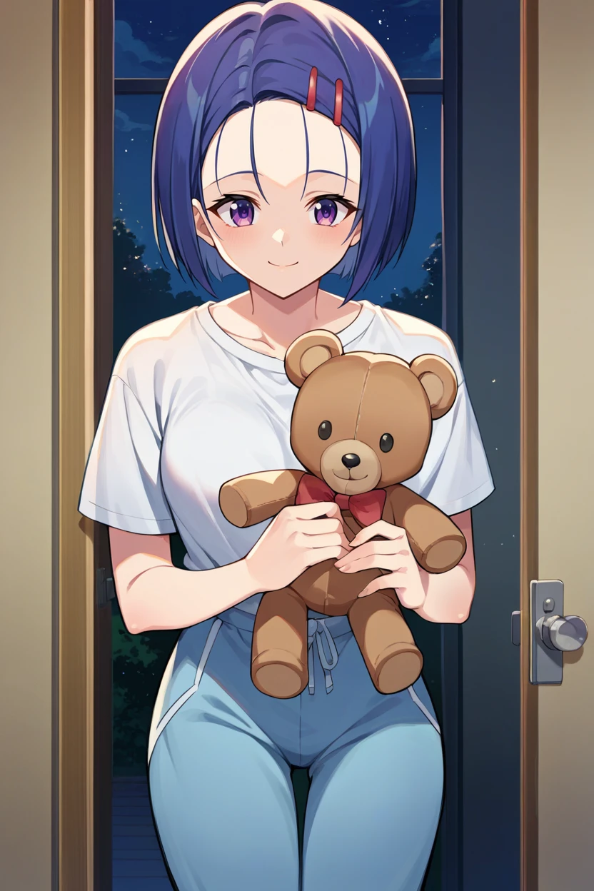 score_9, score_8_up, score_7_up, score_6_up, source_anime BREAK 1girl, solo  <lora:tlrharuna-pdxl-nvwls-v1-000005:1> tlrharuna, medium hair, hairclip, white t-shirt, blue pajama pants, holding teddy bear, doorway, night, bedroom, smile