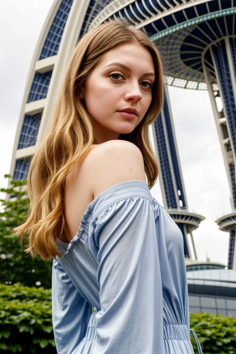 European woman, closeup, (shirt), pants, (sydney opera house), (), ZM_anne, wide shoulders, perfect face, (contact iris: 1.1), pale skin, skin pores , depth of field