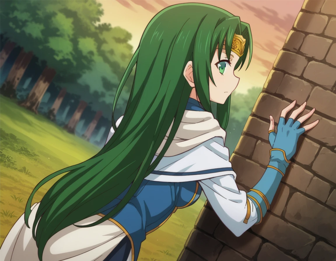 score_9, score_8_up, score_7_up, source_anime,
marisamarilis, <lora:maris-amarilis-ponyxl-lora-nochekaiser:1>
maris amarilis, long hair, green eyes, green hair, circlet,
gloves, fingerless gloves, dress, white dress, capelet, cape, scarf, white scarf, long sleeves,
outdoors, forest, bent over,
looking at viewer, dutch angle, cowboy shot