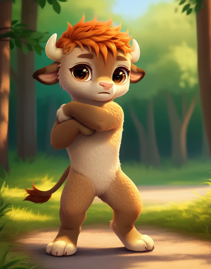 <lora:RonBisonCartoonYif:0.9>    RonBisonCartoon,    red hair, brown eyes, nude,
 solo,   looking at viewer, fighting stance
(beautiful, aesthetic, perfect, delicate, intricate, masterpiece, )  textured fur, [The sun is shining, nature, forest, river, trees, grass, road, sky with clouds,]  
by asnnonaka, by reysi, by ikiki  by silverfox5213,