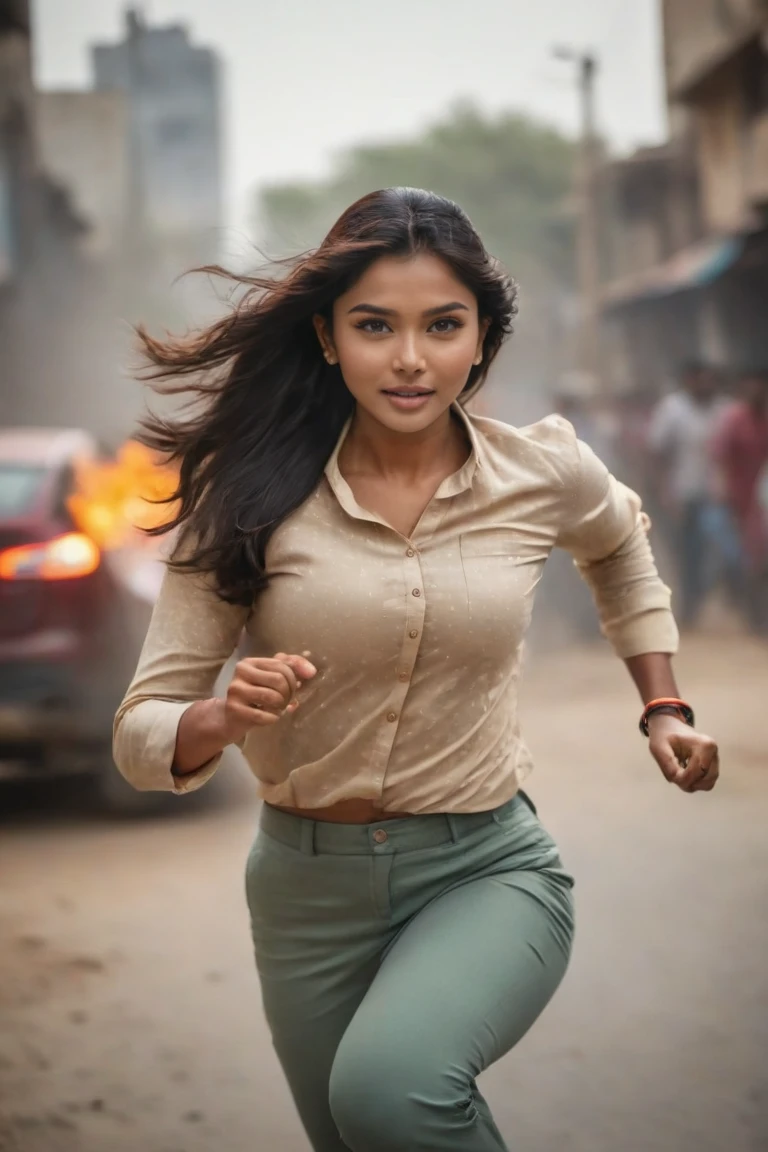 epic cinematic shot of dynamic portrait of Akshi Choudhry in motion. main subject of high budget action movie. raw photo, motion blur. best quality, high resolution