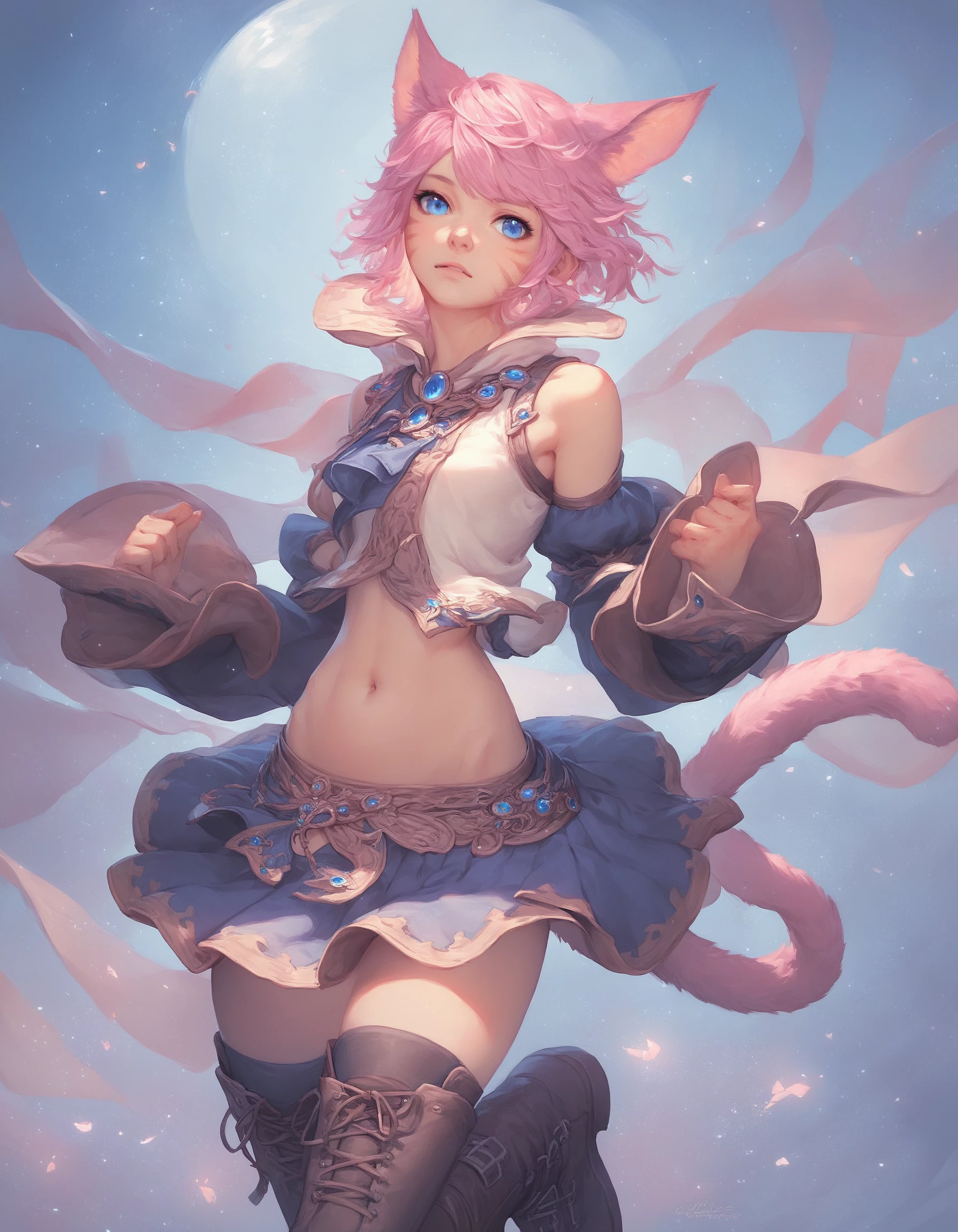 score_9_up, score_8_up, score_7_up, score_6_up, Final Fantasy Games Style, 1girl, solo, blue eyes, skirt, thighhighs, navel, animal ears, tail, pink hair, boots, detached sleeves, midriff, cat ears, miniskirt, cat tail, source_anime, rating_safe <lora:FF-InspoXL:0.8>