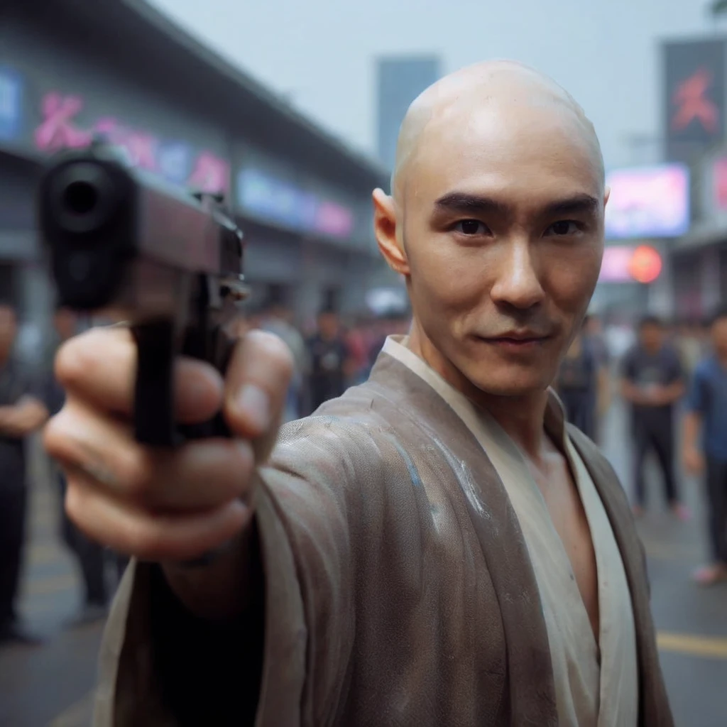 Bald,<lora:XL_Weapon_pistol:0.8> pointing pistol,A realistic style portrait of an Asian assassin dressed in vagabond attire, sporting an induction cut hairstyle. He is holding a handgun, poised and ready, as he blends into the bustling activity of a community center. The attention to detail captures the contrast between his rugged appearance and the unsuspecting urban environment around him, <lora:htm2:0.8>