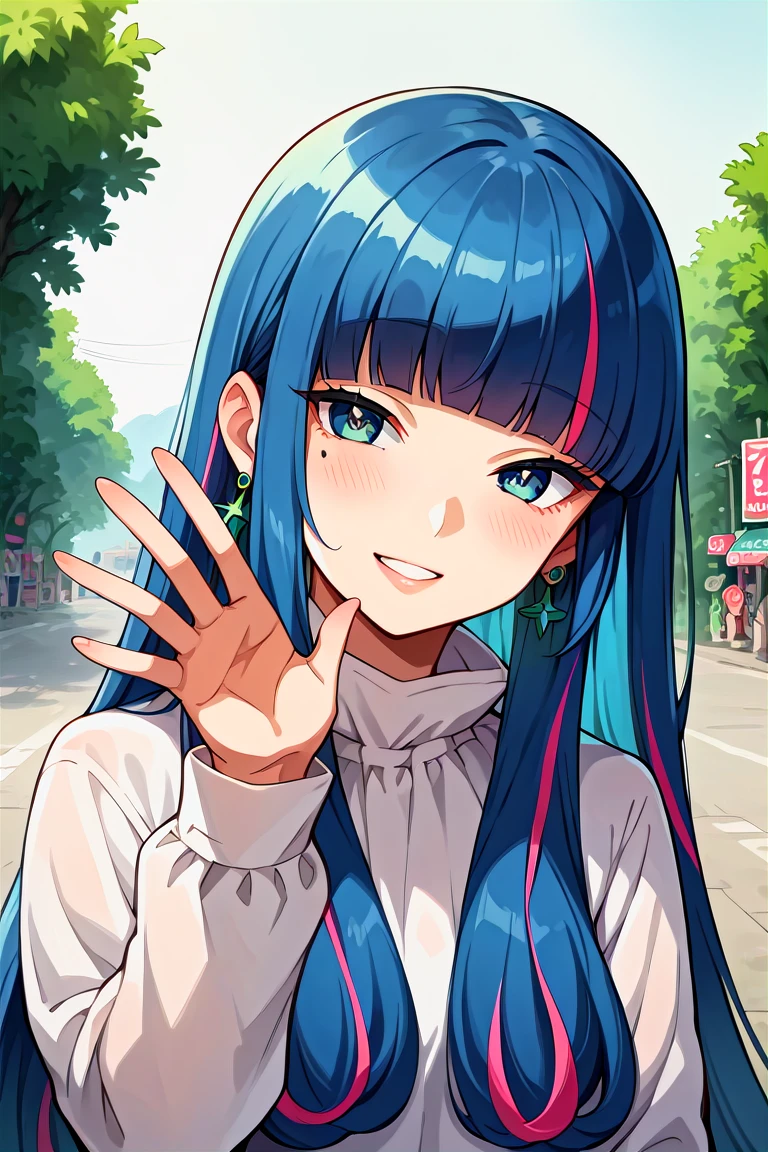 score_9, score_8_up, score_7_up, score_6_up, score_5_up, score_4_up, rating_questionable, , source_anime, digital illustration, pixiv, fanbox, uncensored, , BREAK, official art,
1girl, solo, female, eida, blue hair, blunt bangs, colored colored inner hair, long hair, earrings, long sidelocks,
white shirt, long sleeves, jewelry,  upper body, close-up, waving, outdoors, light smile, blush, cowboy shot, looking at viewer, colorful, vivid   <lora:Eida_Pony-10:0.8>