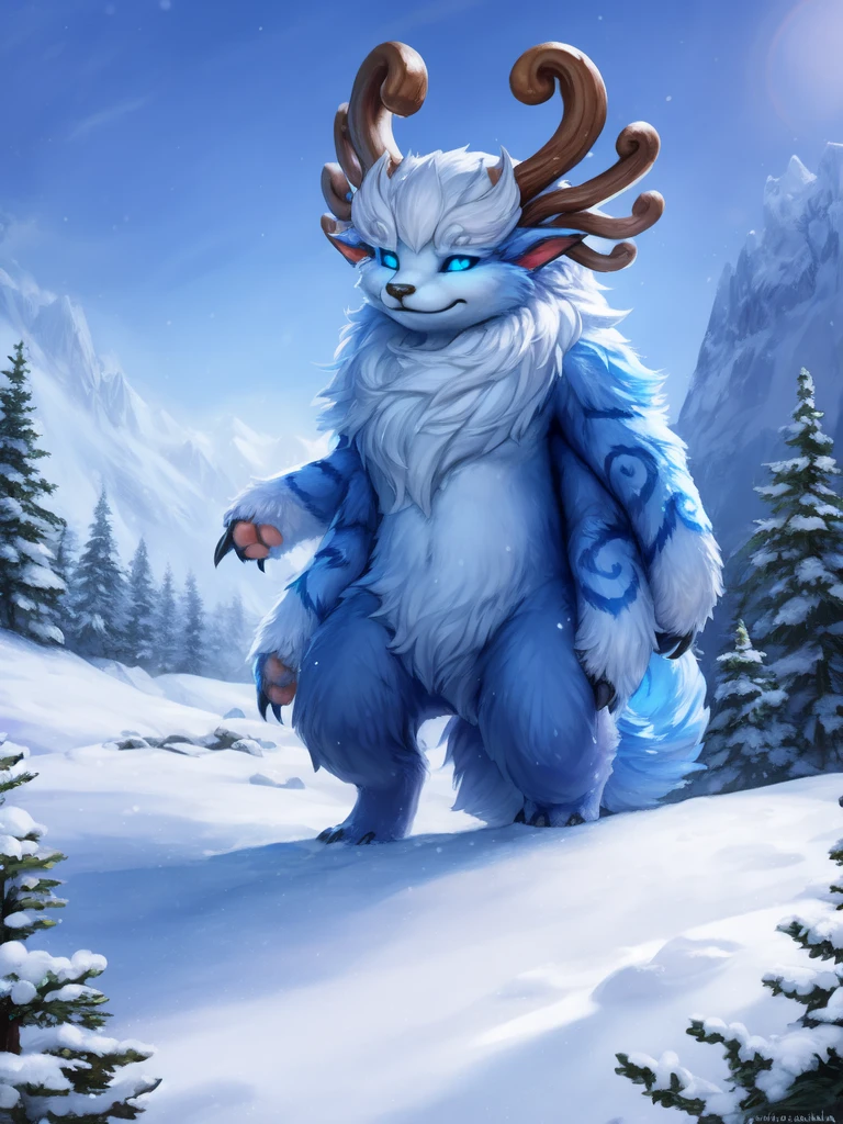 <lora:WillumpGameNunuSongYif:1>   WillumpGameNunuSong, blue glowing eyes, blue teeth, horns, ((four arms)), tail, bed blue fur, fur patterns, black claws, pointed ears,
solo,   looking at viewer,
(beautiful, aesthetic, perfect, delicate, intricate, masterpiece, )  textured fur, [Winter, snow, nature, mountains and sky with clouds, snow mountains, clear day, pine forest,]
[by kenket|by totesfleisch8], by thebigslick:by silverfox5213:0.8], [by syuro, by paloma-paloma::0.2, (Tricksta, TotesFleisch8)