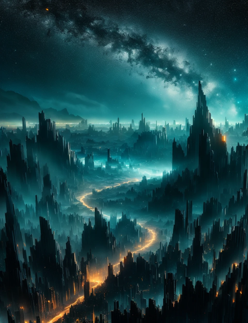 DonMB14ckR0ck black rock, dystopian cityscape passage,shooting star, <lora:DonMB14ckR0ck-000006:0.7>