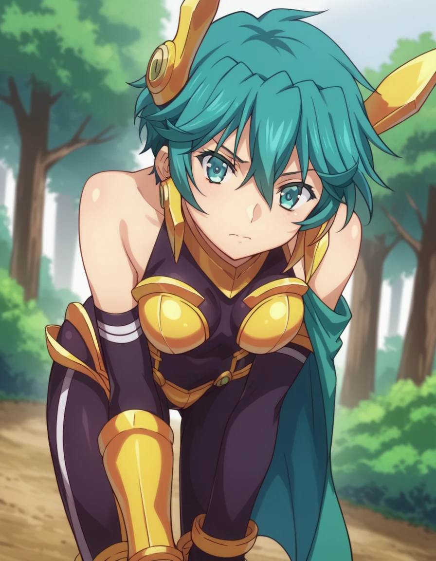 score_9, score_8_up, score_7_up, source_anime,
yulangmirage, <lora:yulang-mirage-ponyxl-lora-nochekaiser:1>
yulang mirage, short hair, aqua eyes, aqua hair, hair between eyes,
gloves, bare shoulders, elbow gloves, fingerless gloves, cape, armor, headgear, gold armor,
outdoors, forest, bent over,
looking at viewer, dutch angle, cowboy shot