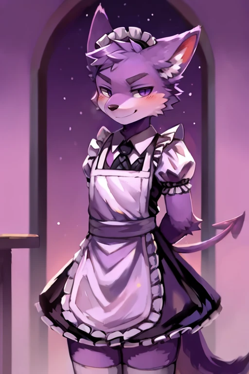 (masterpiece, highest quality, 16k, high quality, best quality:1.3, highres, digital painting \(artwork\), furry, uploaded_on_e621:1.4, detailed background, amazing background, light particles), ((kemono)), <lora:GoodHands-beta2:1>
rygel (rygel spkb), anthro, apron, blush, clothed, clothing, crossdressing, dress, girly, looking at viewer, maid uniform, male, narrowed eyes, purple background, ranged weapon, simple background, solo, spade tail, standing, tail, uniform, ((purple body, purple fur)), smirk, demon, hybrid, canid, canine