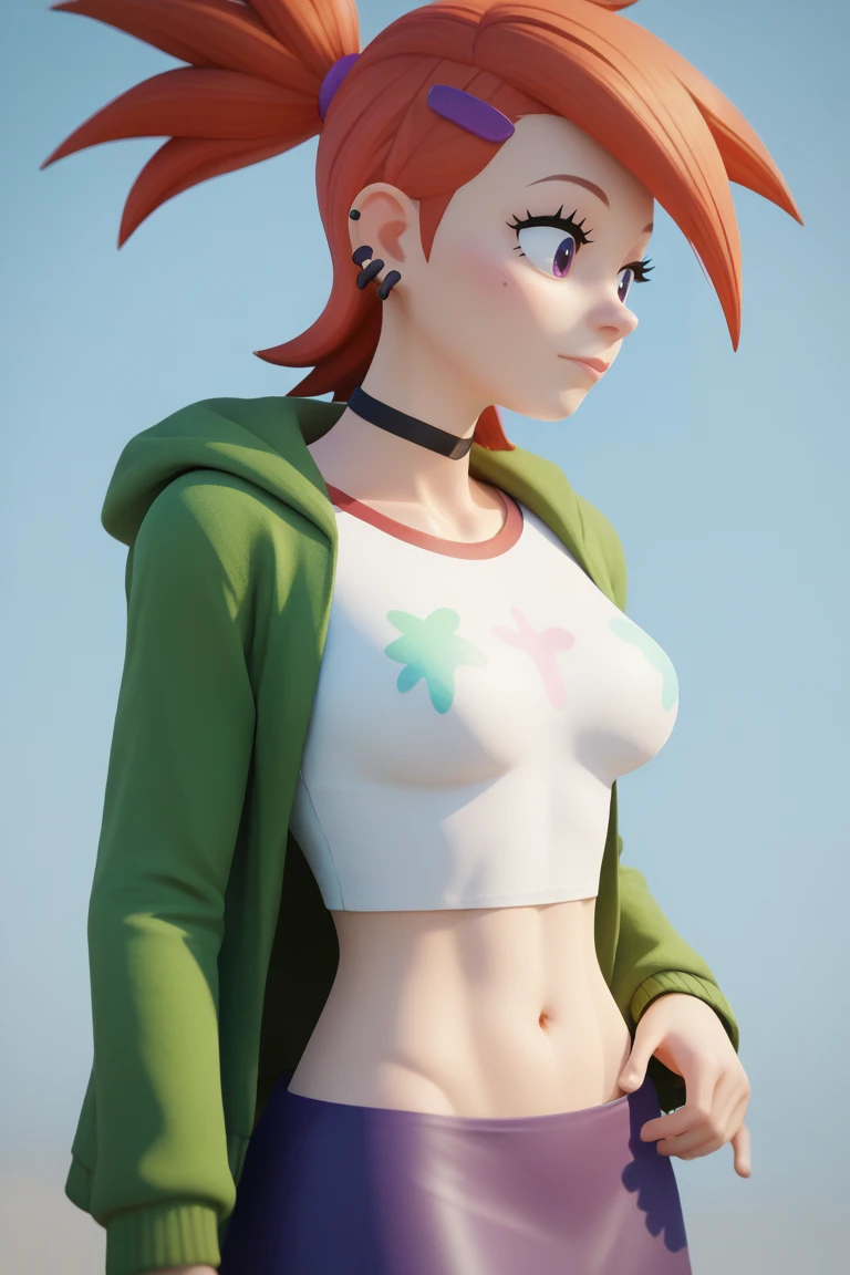 score_9, score_8_up, score_7_up, BREAK, 1girl, solo, breasts,  <lora:frankiefoster-guy-PONYv1:1>, frankiefoster, ponytail, hair ornament, earrings, black choker, shirt, green jacket, midriff, purple skirt