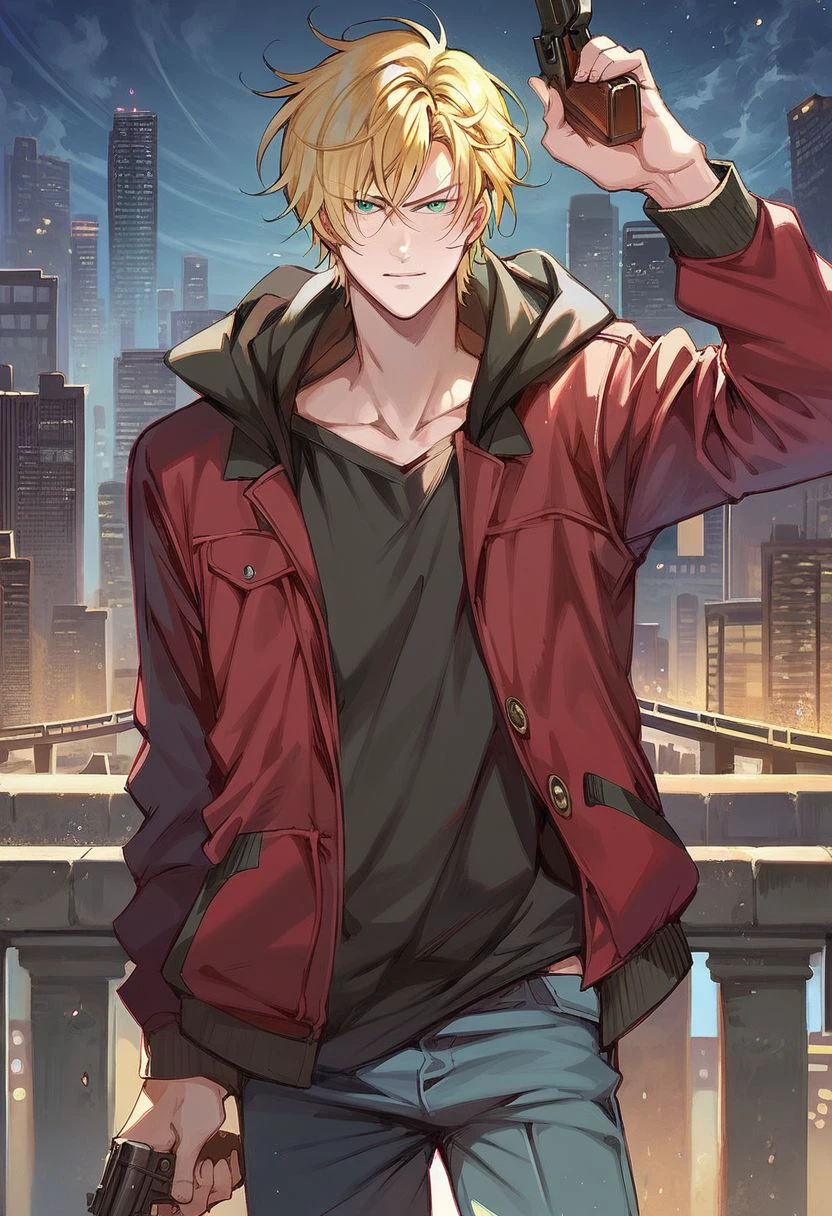 score_9, score_8_up, score_7_up, 1boy, solo, 1boy, blonde hair, green eyes, red jacket, black hoodie, holding gun, bridge, city, looking at viewer, nori