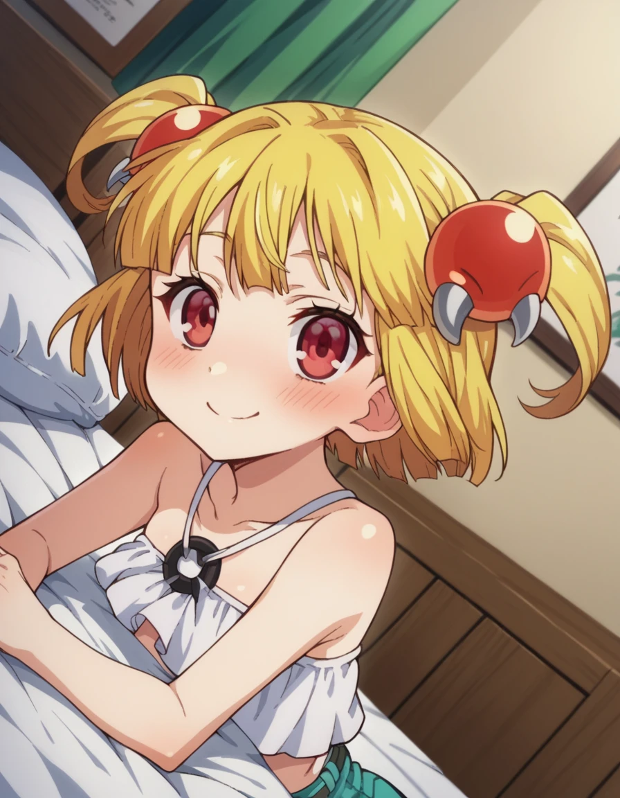 score_9, score_8_up, score_7_up, source_anime,
pattythesummer, <lora:patty-the-summer-ponyxl-lora-nochekaiser:1>
patty the summer, short hair, blonde hair, red eyes, twintails, two side up, hair ornament, smile,
shirt, white shirt, shorts,
indoors, bed, bed room, on side, blush, drunk,
looking at viewer, dutch angle, cowboy shot