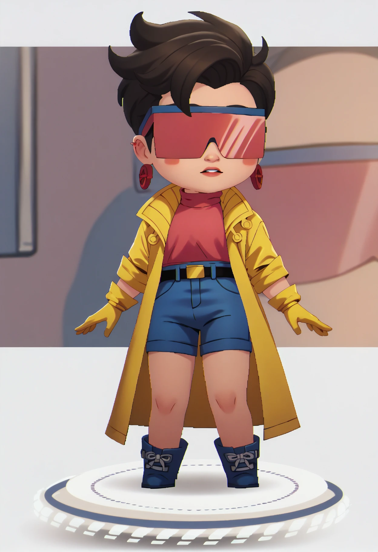 score_9, score_8_up, score_7_up, 1girl, solo, clamJBLee97, cJsunglasses, yellow coat, yellow gloves, pink shirt, turtleneck, blue shorts, belt, blue boots, earrings <lora:clamJubilee_xmen97PDXL:0.8> <lora:chibi-nikke-richy-v1_pdxl:1> chibi, standing, full body