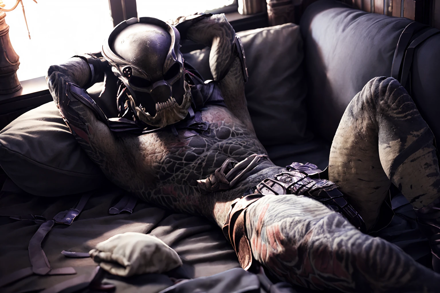 masterpiece, best quality, detailed background,bedroom,indoors,night,warm light,pillow
MrBlack,male,solo,mask,armor,gauntlets,  full body,lying on bed,arms behind head, looking at viewer <lora:MrBlackPredatorv2:1> <lora:more_details:0.2>