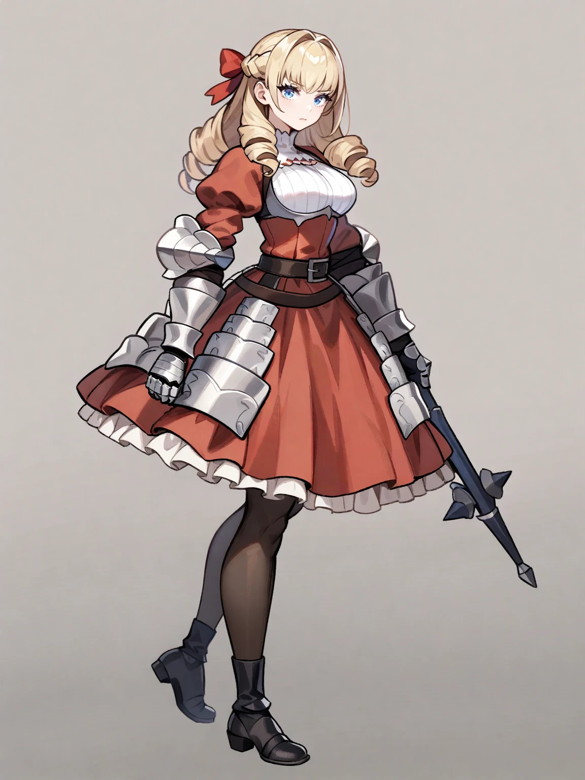 scarlett, 1girl, gauntlets, solo, blue eyes, blonde hair, white background, dress, holding, armor, simple background, full body, red dress, weapon, black footwear, drill hair, looking at viewer, breasts, holding weapon, standing, closed mouth, boots, ribbon, long hair, puffy sleeves, from side, red ribbon, bangs, hair ribbon, belt, large breasts, pantyhose, armored dress,masterpiece,best quality,very aesthetic,absurdres