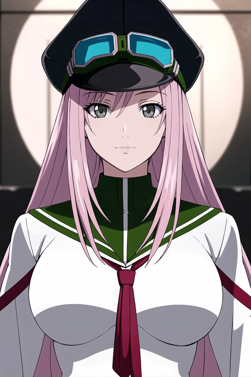 best quality,masterpiece,looking at viewer,absurdres,1girl,
depth of field,simca,grey eyes,pink hair,long hair,breasts,<lora:011-é£è½®å°å¹´-å¸å§å¡V1-000010:0.7>,hat,goggles,sailor dress,goggles on headwear,smile,