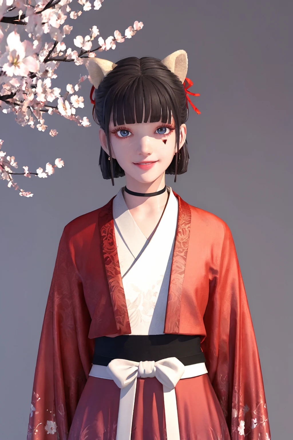 highres, masterpiece, best quality, ultra detailed, detailed eyes, detailed face, intricate details,
upper body, gradient background, cherry blossoms,
jyanme, 1girl, solo, little smile, animal ears, red hanfu, standing, looking at viewer, printed skirt, floral print, white sash, short hair, hair ribbon, parted lips, facial mark, choker,
<lora:jyanme v4-000008:0.7>