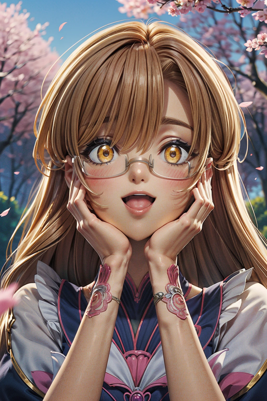 (2d:1.2), wide shot, (dynamic angle:1.1), outline, ((thick lineart)), cover, stylish, official art, (details:1.2), (fantasy), garden, (bloom:1.1), glow:0.2, shadow, nature, cherry blossoms, particles, (depth of field), sharp focus, (volumetric lighting), (bokeh:0.6), film grain:0.4, day, (soft lighting:1.1), Mmarrie, long hair, looking at viewer, open mouth, brown hair, yellow eyes, :d, glasses, bracelet, hands on own face, hands on own cheeks, <lora:Tatoeba_Last_ Dungeon_Marie_Azami_00_01:1>