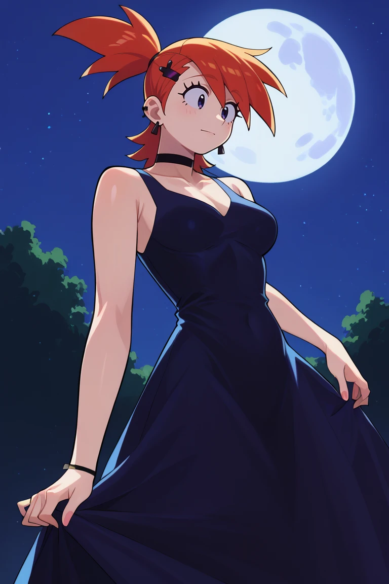 score_9, score_8_up, score_7_up, BREAK, 1girl, solo, breasts, <lora:frankiefoster-guy-PONYv1:1>, frankiefoster, ponytail, hair ornament, earrings, black choker, dress, night sky, moon, night,