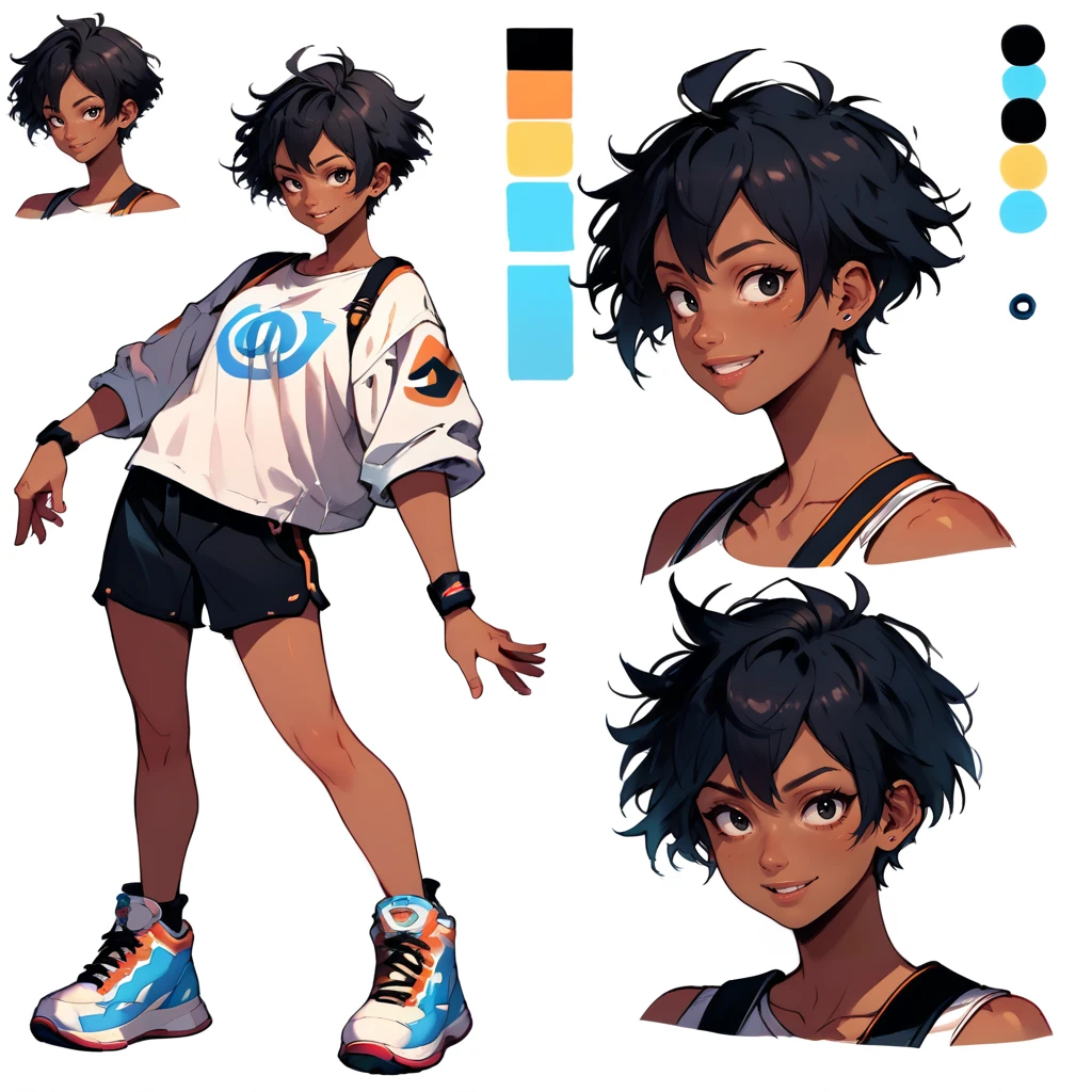 score_9, score_8_up, score_7_up, score_6_up, (CharacterSheet:1), tomboy, dark skin, short hair, shorts, white shirt, band, happy, black eyes, simple black background, dynamic pose, sexy, reference sheet, (full body, from side, front:1.1), upper body, cartoon,
 CharacterDesignXL <lora:XLPCharacterDesign_Concept-10V2:0.8>