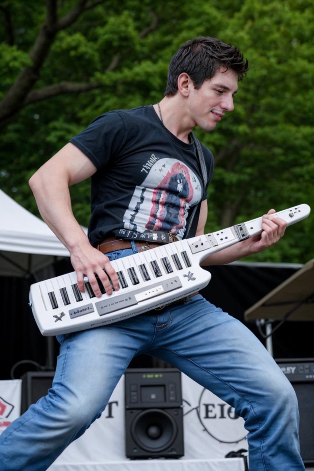 photo of twk steveperson <lora:steve_epoch_10:0.8>, wearing a henly shirt and jeans, belt, at a local festival, playing keytar <lora:keytar-32:0.5>, (smile:0.5), from the side