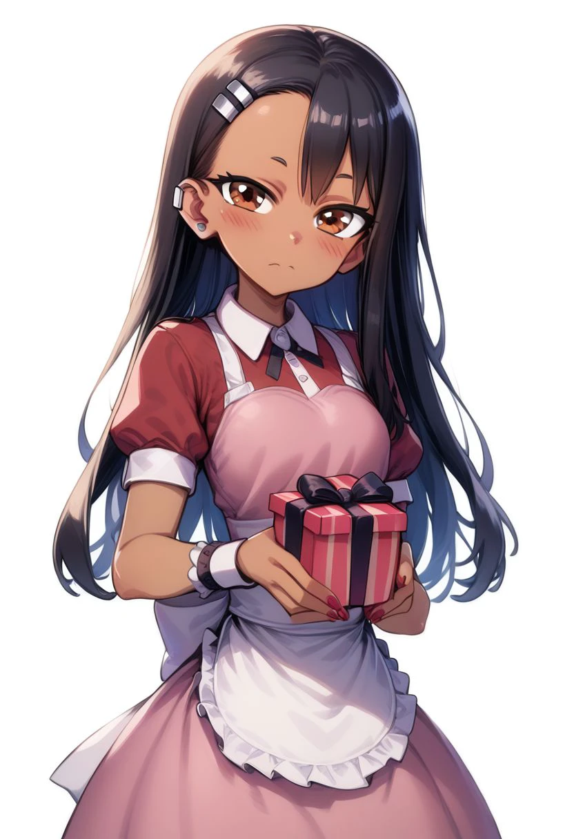 score_9, score_8_up, score_8, cute, eyelashes, 
blush, head tilt, nagatoro hayase, brown eyes, hair ornament, dark-skinned female, dark skin, long hair, blush, box, closed mouth, commentary request, creatures (company), dress, earrings, eyelashes, game freak, gift, gift box, holding, holding gift, jewelry, looking at viewer, nail polish, nintendo, pink dress, red shirt, shirt, short sleeves, waist apron, wrist cuffs