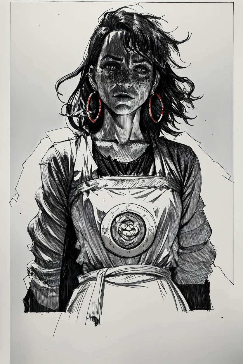 hoop earrings, abuse, ear piercing, messy hair, realistic, looking at viewer, freckles, destruction, backlighting, film grain, paper lantern, black hair, candlelight,  <lora:Hash_style:.7> hash draw, white skin, pretty