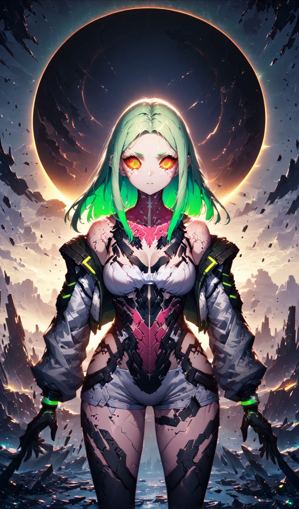 1girl, solo, Rebecca \(cyberpunk\), cyberpunk \(series\),long hair, green hair, green iris,red sclera,detailed eyes,eye focus, white jacket, cropped jacket, off shoulder, white shorts, hip vent, leggings, eyeliner, eyeshadow, bare shoulders, crossed arms, breasts squeezed together, ShatteredCloth,eclipse, full  moon behind head , huge moon, cyberpunk, (masterpiece), (best quality), (ultra-detailed), very aesthetic, illustration, perfect composition, intricate details,detailed normal hands,
 <lora:ShatteredCloth:0.81> , <lora:EclipseXL:0.8>