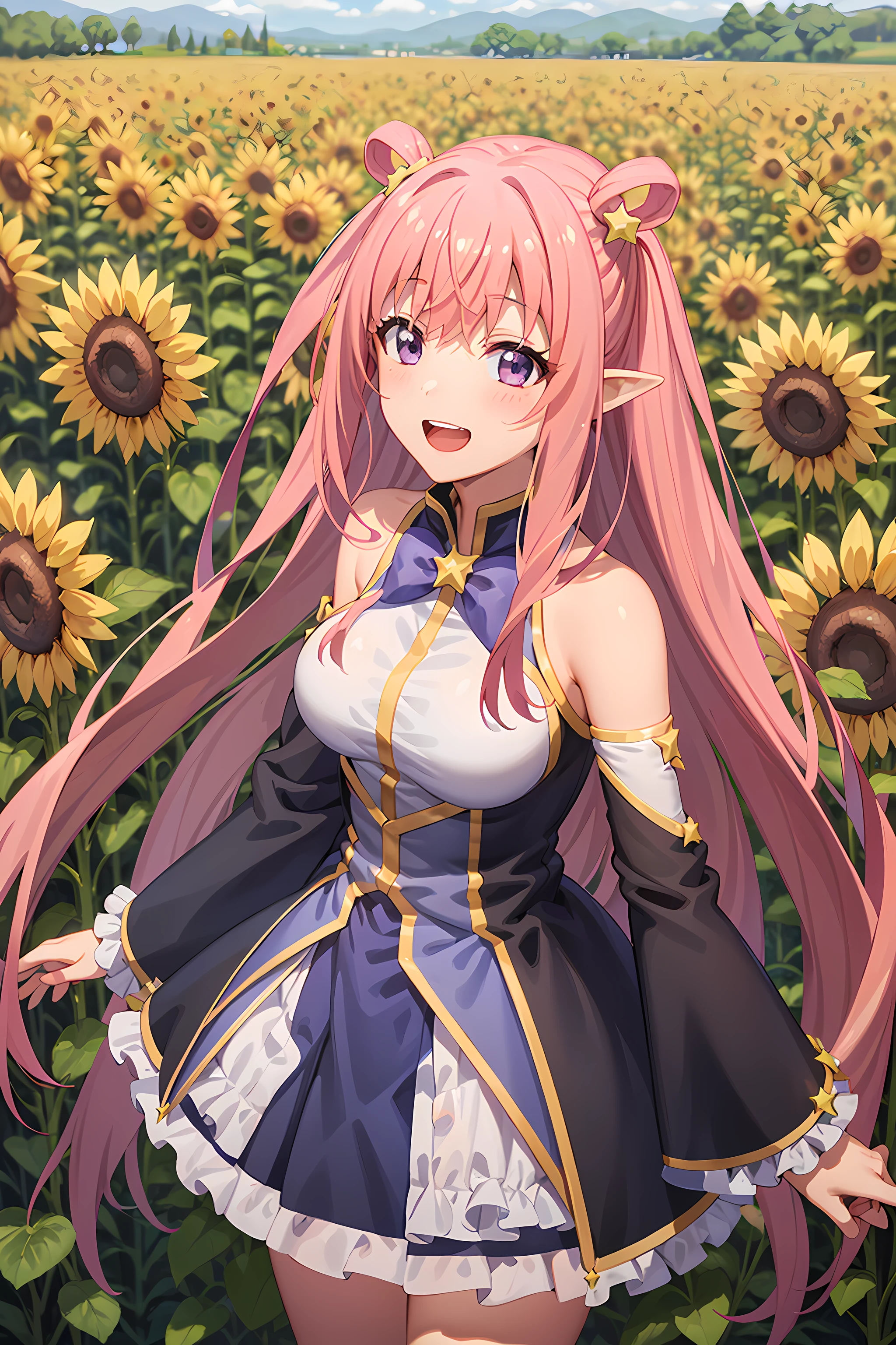 best quality, masterpiece, detailed,
<lora:PrincessConnect_Hatsune_1:0.8>, Hatsune,
1girl, open mouth, smile, teeth,
pink hair, long hair, purple eyes, hair rings, star hair ornament, pointy ears,
dress, bare shoulders, detached sleeves, skirt, frills,
looking at viewer, arms at sides,
outdoors, field, sunflower