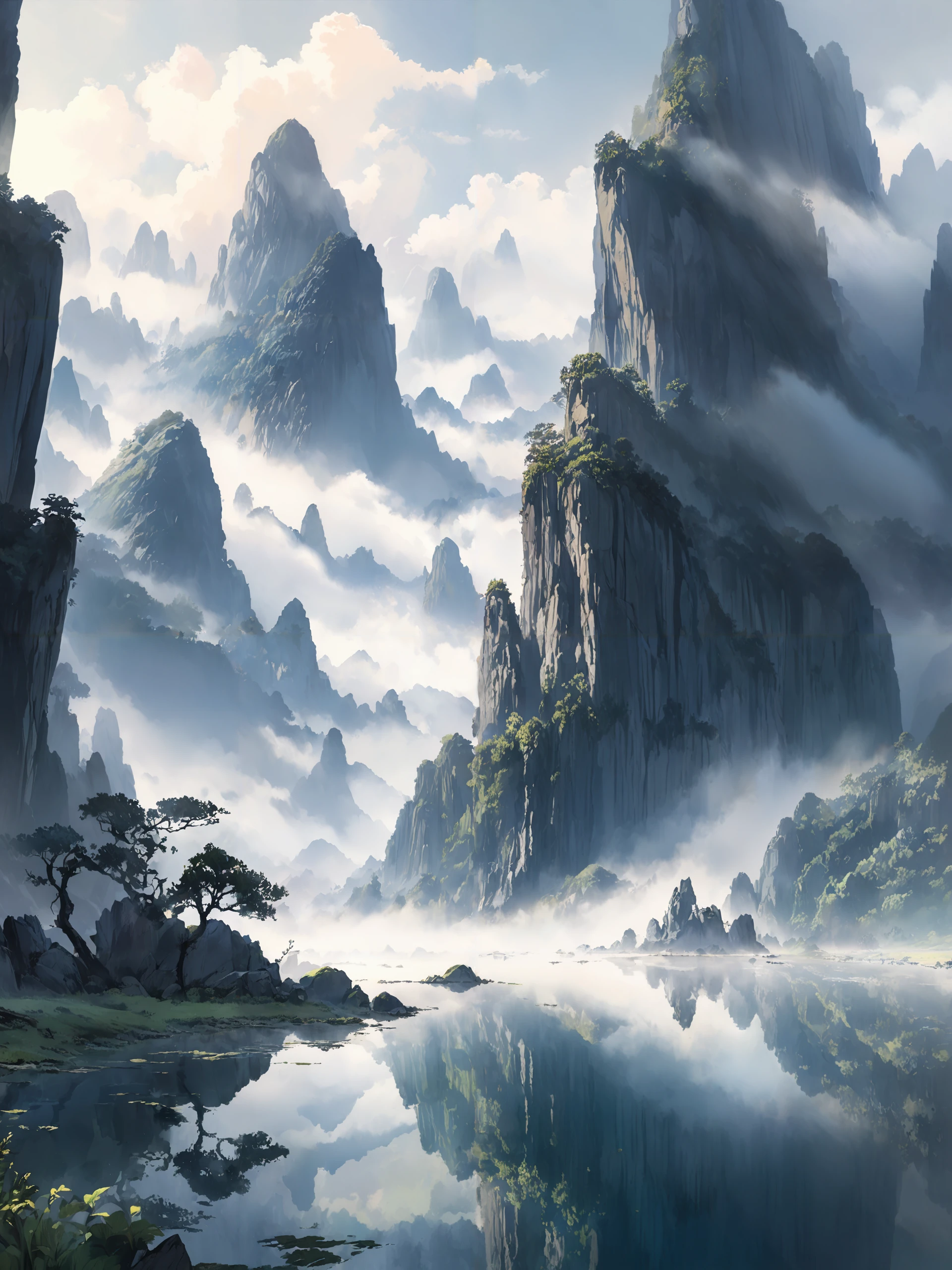 ((extremely detailed illustration)), highres, ((extremely detailed and beautiful background)), (professional illustrasion), (official art), ((Ultra-precise depiction)), ((Ultra-detailed depiction)), (beautiful:1.2 and aesthetic:1.2), beautiful detailed, intricate:1.1,
A mystical karst landscape shrouded in misty fog. Towering limestone pillars rise up from the still waters of a serene lake, their craggy peaks piercing through the low-hanging clouds. The ancient rock formations cast long shadows across the glassy surface, creating an otherworldly reflection. Lush green foliage clings to the base of the mountains, contrasting with the cool grays and blues of the fog-drenched scene. The air has a dream-like haziness, lending an ethereal quality to this primordial vista that seems untouched by time,, ((masterpiece:1.1)), 8k, (extremely detailed and beautiful background), ((Ultra-precise depiction)), ((Ultra-detailed depiction)), (aesthetic), (professional illustrasion:1.1)