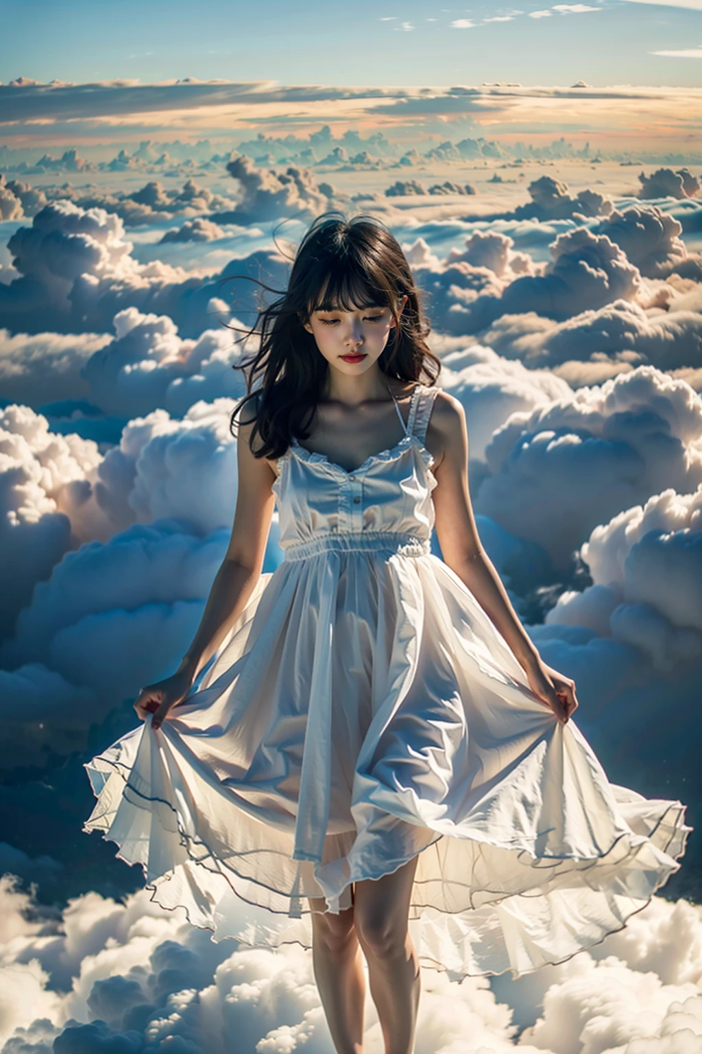 masterpiece,best quality,1girl, above clouds, solo, long hair, black hair, dress, sky, full body, barefoot, cloud, day, cloudy sky, white dress, floating, realistic, sundress <lora:CloudPhotography_v1_wd14:0.7>