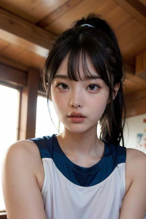 (NSFW, (((Japanese high school girl 10 years old)))、plenty , 8yk、Raw photo、Climax Face、Bust Shot、((Twin tailasterpiece)、(highest quality)、High Resolution、(girl)、(Real、Photorealistic:1.2),((Wearing a navy blue school swimsuit ))、upper body、Looking up、sex appeal、15 years old、Mid-breasted、(Eyes closed)、(Deep sorrow)、(Sad)、(Looking up at the sky)、((bite your lip))、room、Background blur,naked、Beautiful small breasts、Pink nipples