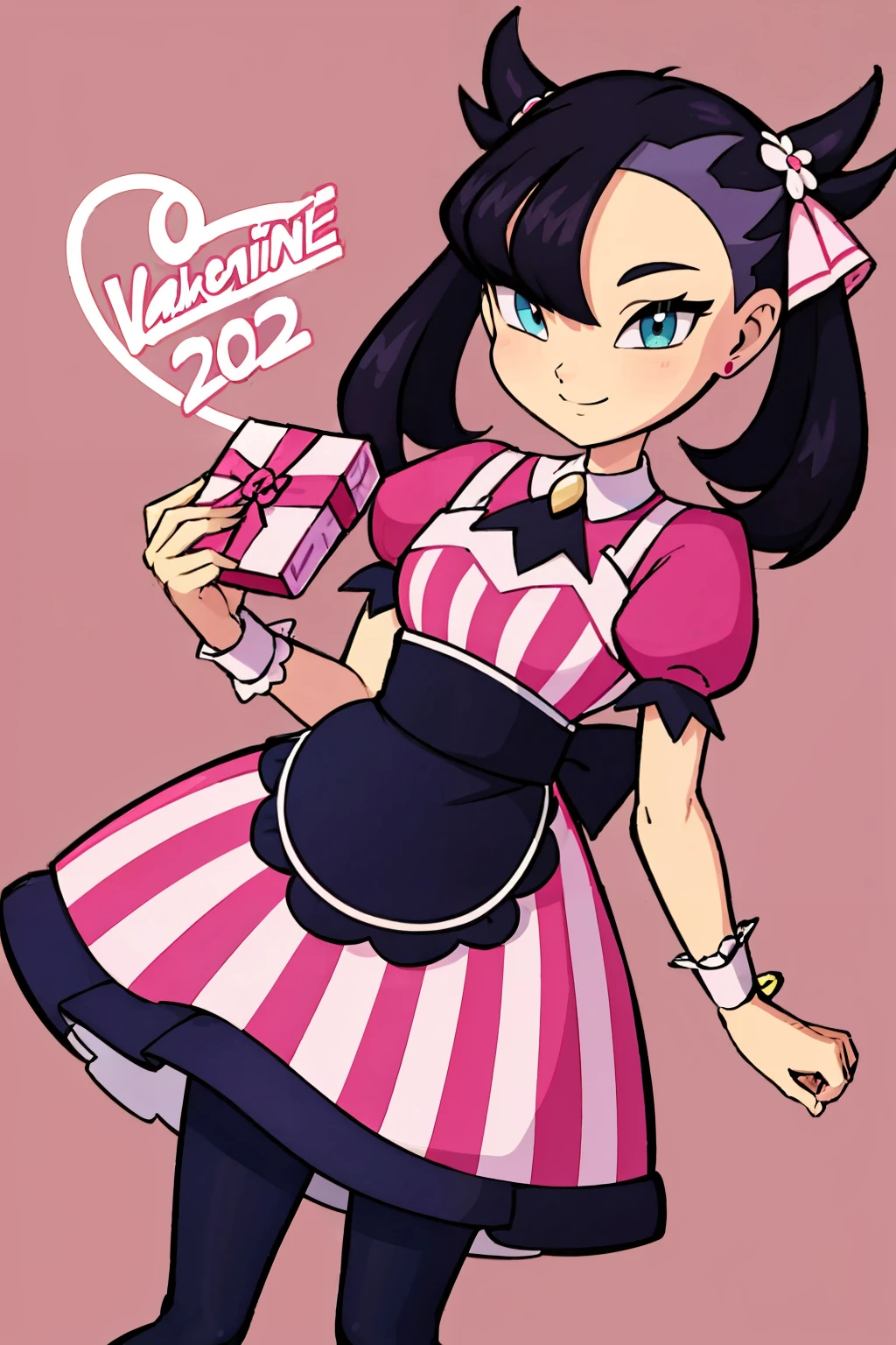 <lora:Winx_Club:0.7>, <lora:Bold_CAT:0.5>, ((masterpiece,best quality)), absurdres, <lora:Palentines_2022:0.8>, solo, smile, looking at viewer, apron, blush, box, creatures (company), dress, earrings, flower, game freak, hair flower, hair ornament, hair ribbon, heart-shaped box, highres, holding, jewelry, l4wless, marnie (palentines 2022) (pokemon), marnie (pokemon), nail polish, nintendo, pantyhose, pink ribbon, pokemon, pokemon masters ex, ribbon, simple background, pink background, twintails, valentine, waist apron, wrist cuffs,