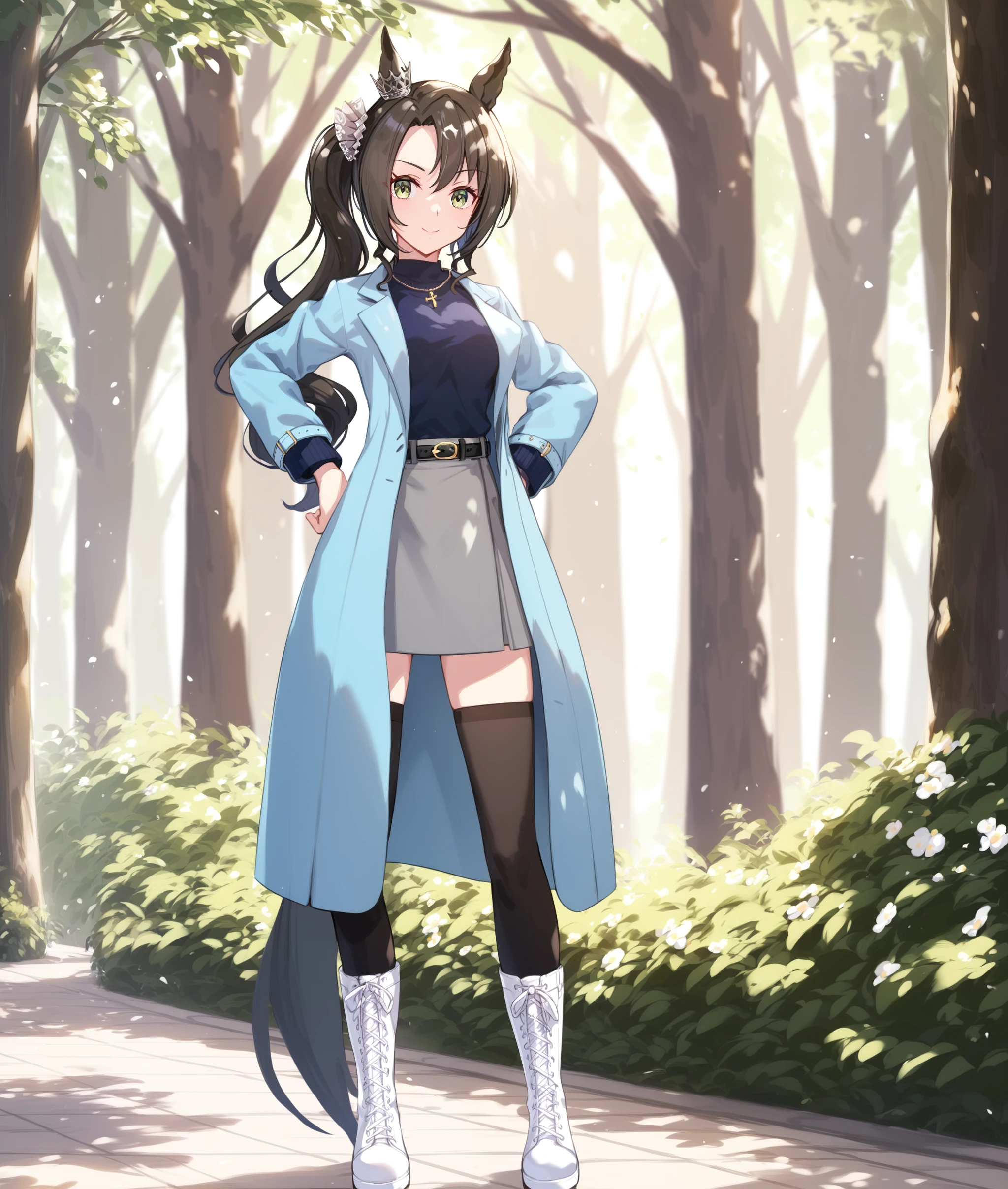 score_9, score_8_up, score_7_up BREAK
casual_clothes, 1girl, solo, long hair, looking at viewer, bangs, skirt, shirt, thighhighs, long sleeves, jewelry, closed mouth, standing, tail, full body, boots, alternate costume, belt, black thighhighs, necklace,, hands on hips, side ponytail, coat, horse ears, horse girl, horse tail, cross-laced footwear,
five fingers, <lora:satono_crown-ponyXL-000004:1>,