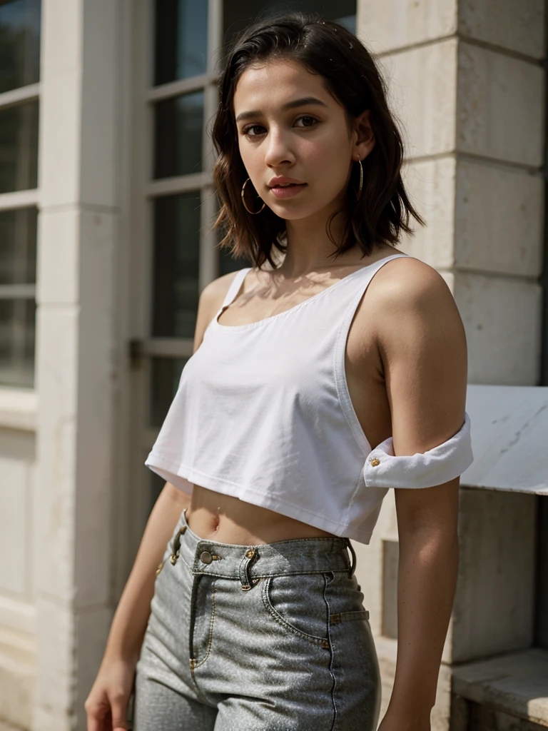 A beautiful n40m1s woman, 1girl,solo,looking at viewer,short hair,black hair,jewelry,standing,jacket,cowboy shot,earrings,pants,off shoulder,lips,tank top,hoop earrings,realistic,nose,white tank top,jumpsuit,soft lighting, professional Photography, Photorealistic, detailed, RAW, analog, sharp focus, 8k, HD, high quality, masterpiece<lora:n40m1s:1.0>