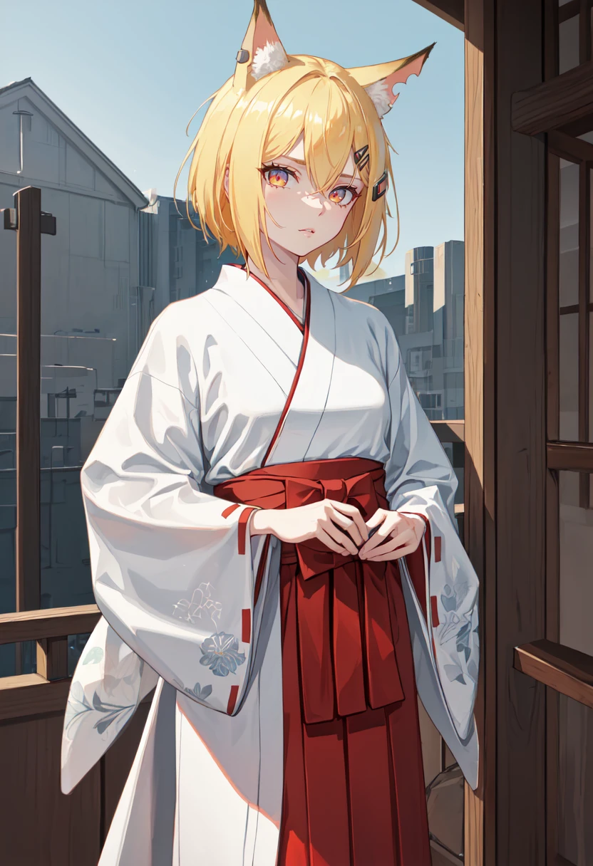 best quality, masterpiece, highres, solo, (vermeil_arknights:1.10), (white kimono:1.35), (red hakama:1.35), (wide sleeves:1.20), 18 <lora:vermeil_arknights:0.80>