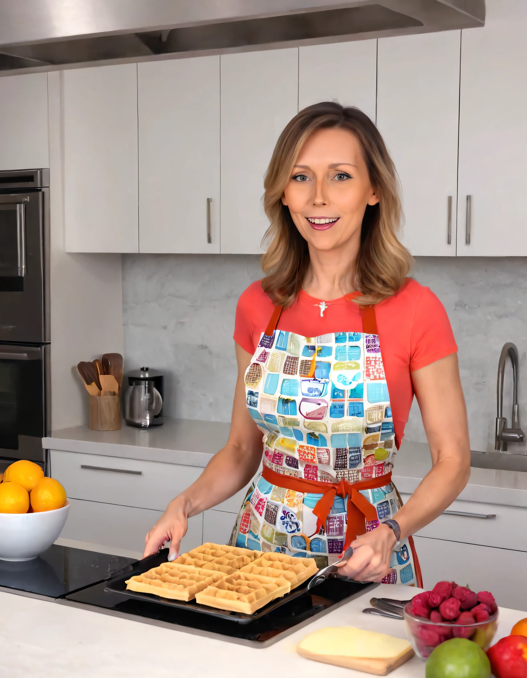 A fit waffle-making enthusiast, captured from the angle of her spacious kitchen, dons a stylishly designed apron accentuating her ensemble as she confidently prepares an assortment of creative recipes atop her modern culinary sanctuary, all while displaying her vibrant personality with each ingredient-laden gesture. FitwaffleKitchen <lora:wtuoqs18e8b879e4cq76:1>