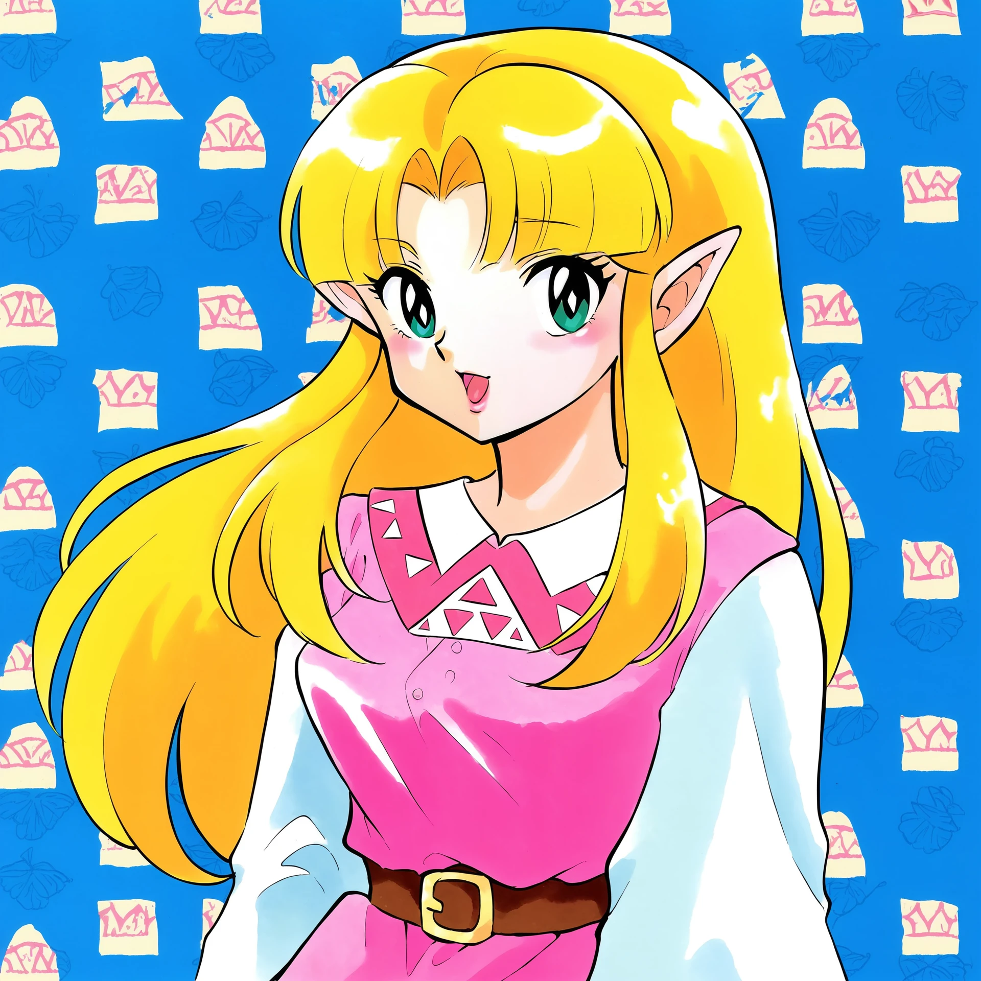 in ru_ta artstyle, 1girl, Princess Zelda, triforce, Hyrule, upper body, motif background, (watercolour:0.7), <lora:Rumiko_Takahashi_Style_LoRA_PonySDXL:0.95>