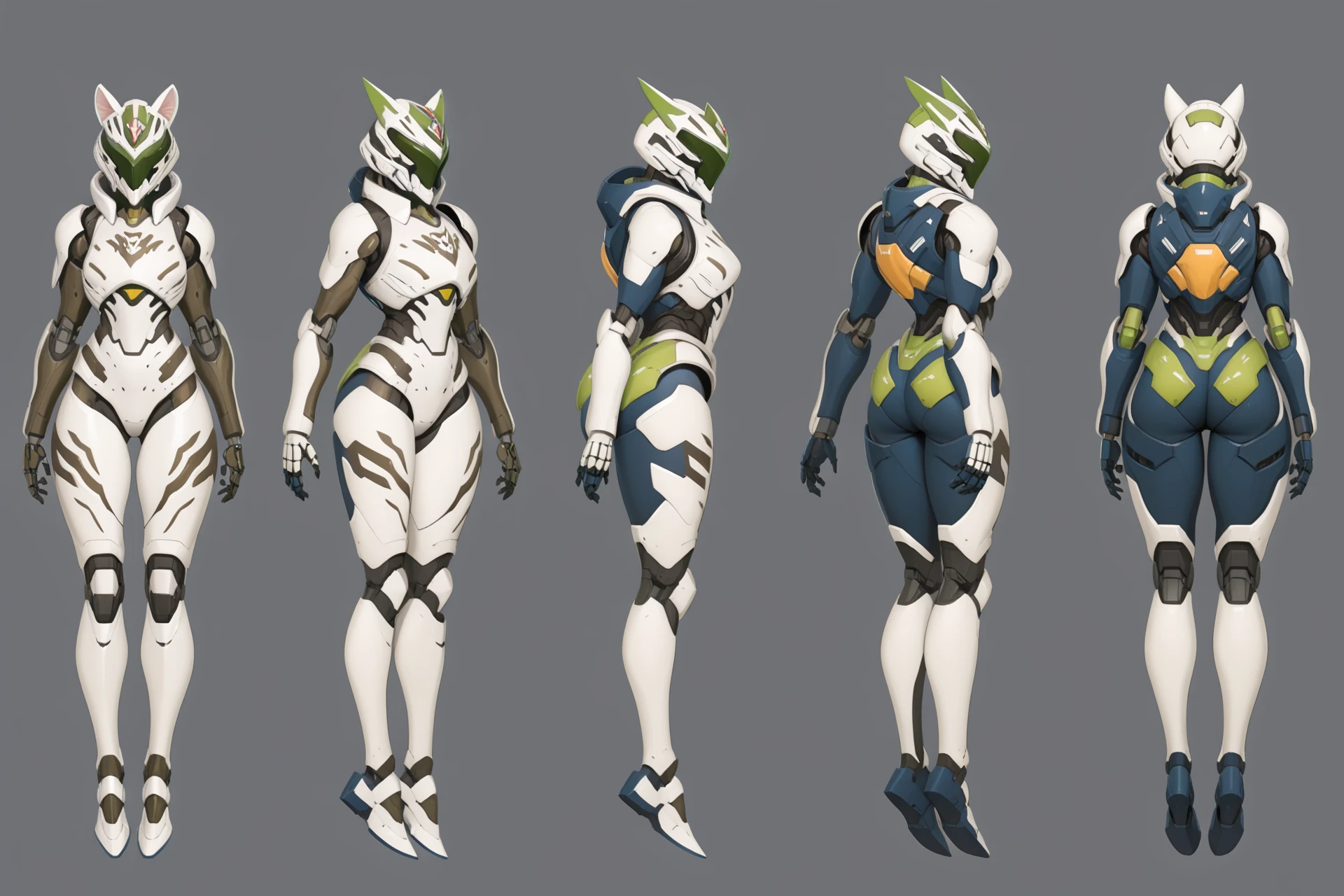 (GENERAL:0), mecha, robot, masterpiece, best quality, very aesthetic, absurdres, solo, standing,
(VIEWS:0),  full body character turnaround of mecha,
Multiple views of the same mecha,  (simple background, white background:1.2), multiple views, side view, back view, front view, 
sunglasses, goggles,
mask, helmet,
Clouded leopard\(animals\)ï¼
power armor\(Fallout\),
plate armor, power suit, alien,
android, cybersuit, upper armor, mechanical arms, machinery, prosthesis,
(bodyshape:0), Slender or lean body,
(clothing:0), (Floral Romper and Wedges:0.6), 
(white  
devil  theme character design:1.1),
 <lora:MechTurnXLRemix_v1:.75>
 <lora:MechTurnXL_v1:.25>
<lora:ClothTurnXLRemix_v1-000004:.25>
 <lora:ClothTurnXL_v1-000004:0.25> 
<lora:CharTurnXL_v2:0.25>
 <lora:xl_more_art-full_v1:.25>,
 <lora:Alphonse Mucha Style:.1>, Alphonse Mucha Style page
 <lora:å½é£æç»SDXL:.1>