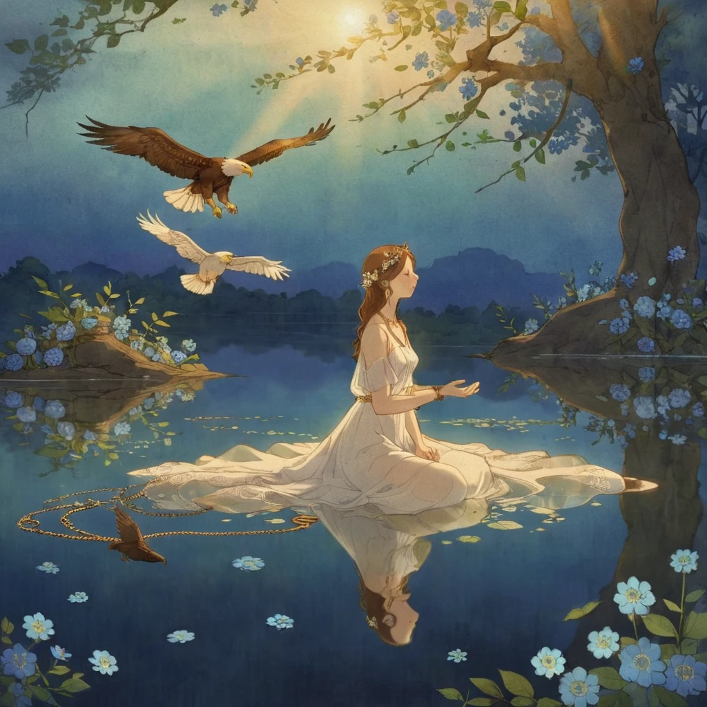 <lora:puuung-000014:0.7>,puuung,romantic ambiance,illustration,anime, female character, floating pose, white dress, blue flowers, eagle, fantasy, serene expression, water reflection, floral hairpiece, sheer fabric, ankle bracelet, sunlight effect, clear sky, side profile, pastel colors, long brown hair, visual art, barefoot, ethereal atmosphere, ankle chain, outdoors, peaceful, blush makeup, laying down position, interacting with bird, ornate clothing details, nature-inspired accessories, dreamlike scenario, harmony, high resolution image, detailed illustration