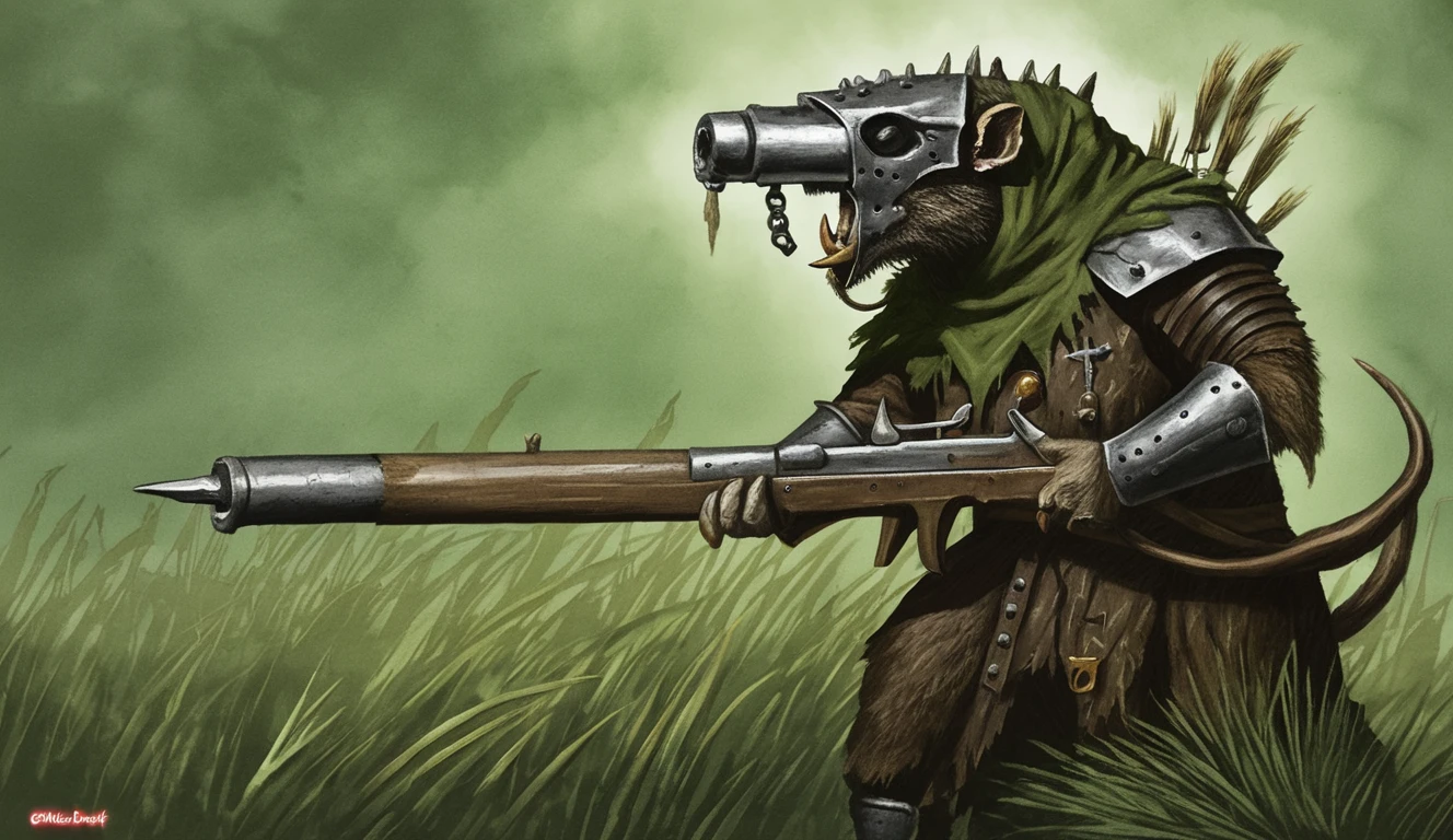 A digital painting of a Skaven Stormvermin from the Warhammer Fantasy setting. He is shown from the waist up, wearing a tattered brown cloak and a metal helmet with a beak-like faceplate. He is armed with a large gun and is smoking a cigar. He is standing in a swamp, surrounded by tall grass and reeds. The background is a dark, murky green.
<lora:Skaven-000008:1>