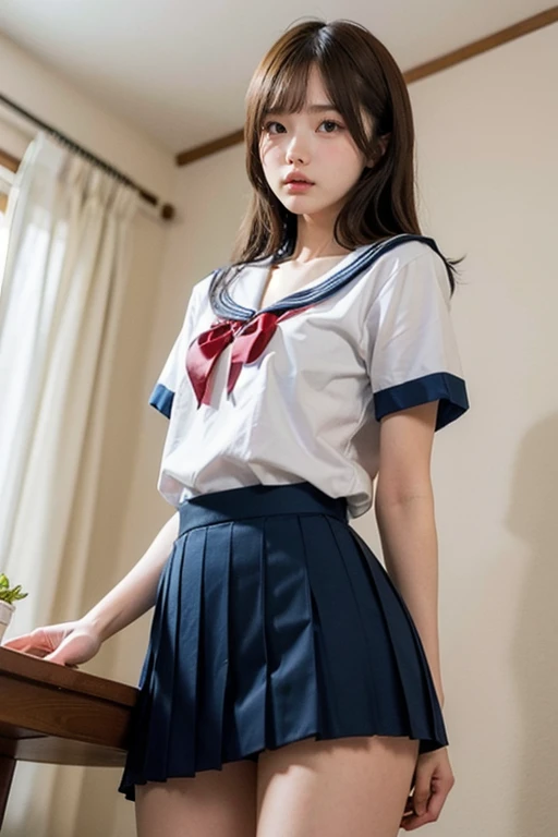 photo of <lora:ichika_matsum_lora-09:1>,blonde hair,medium hair,brown eyes,1girl,solo,wearing sailor school uniform,white shirt,short sleeves,skirt,best quality,masterpiece,illustration,an extremely delicate and beautiful,CG,unity,Amazing,finely detail,official art,8k wallpaper,incredibly absurdres,highres,extremely detailed,beautiful detailed girl