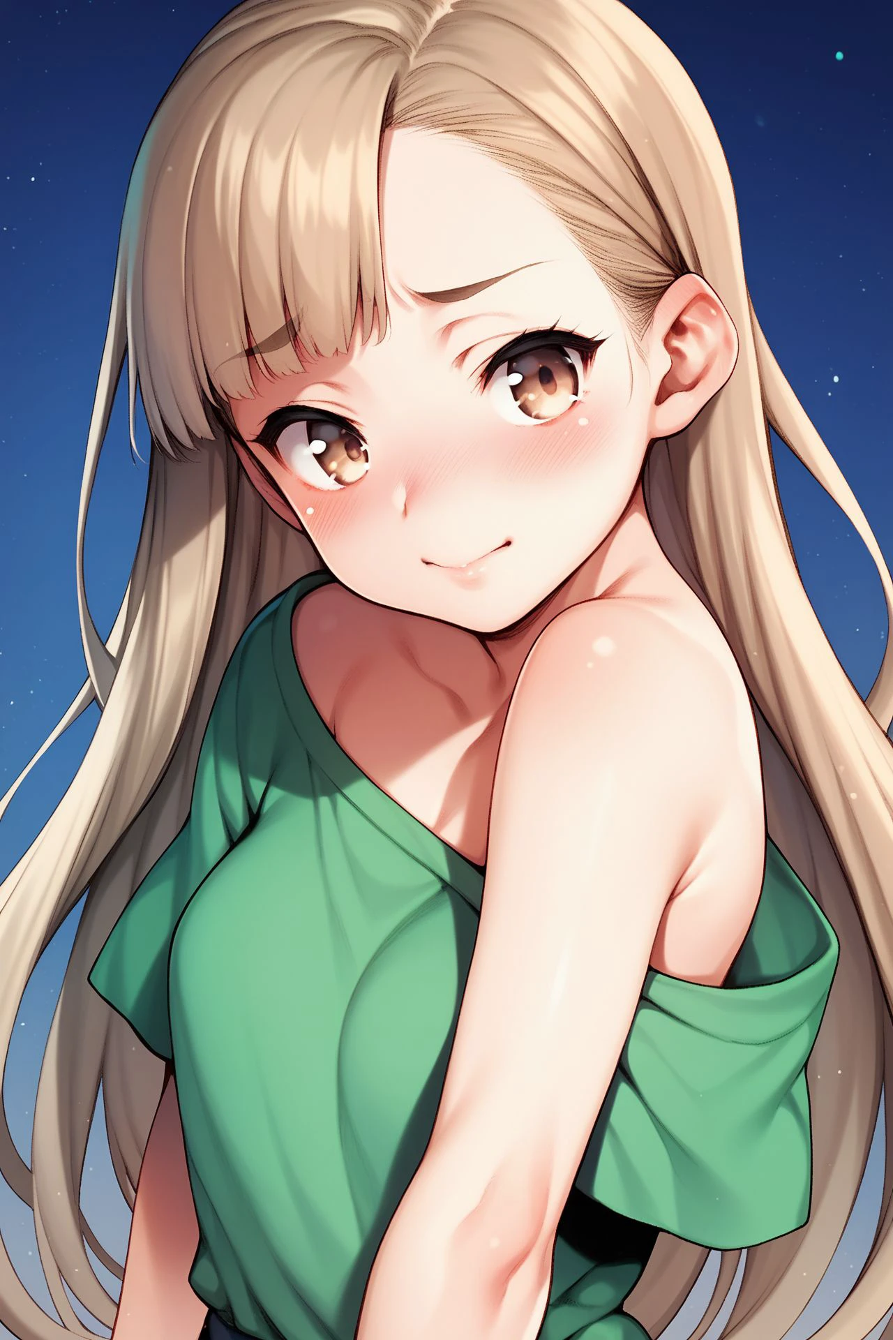 score_9, score_8_up, score_7_up, 1girl, pale skin, embarrassed nose blush smile, bronze hair, asymmetrical fringe, very long hair, light brown eyes, green clothes, night <lora:RabbishKingdom_Uousa-ou_PonyXL_style_v01:1>