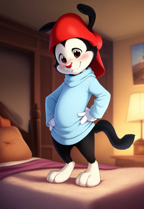 <lora:wakkoWornCartYif:1>     solo,   looking at viewer,  wakkoWornCartYif,  dog, red cap, blue T-shirt, White gloves, a long cat  tail,
(beautiful, aesthetic, perfect, delicate, intricate, masterpiece, )  textured fur, [Room, bed, blanket, pillows,]  (Hands on hips, standing,)
by dagasi, [[by smitty g]], [by personalami0.2], by cynicalstarr,